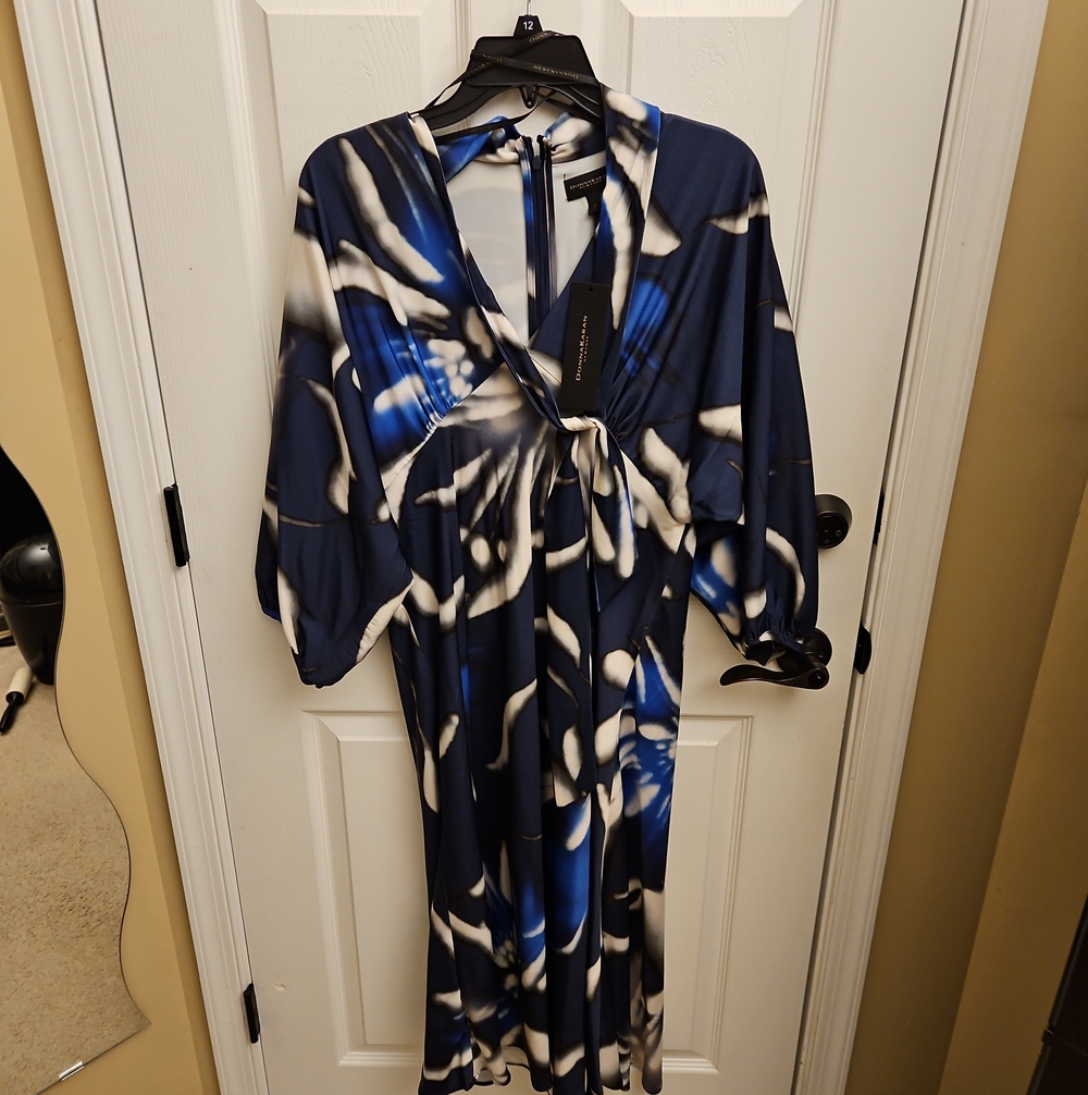 Donna Karan Navy, White and Black Abstract Maxi Wrap Dress